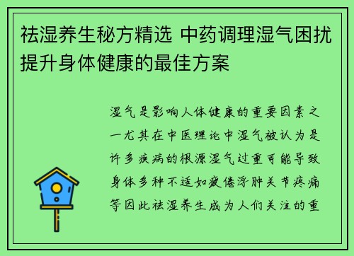 祛湿养生秘方精选 中药调理湿气困扰提升身体健康的最佳方案